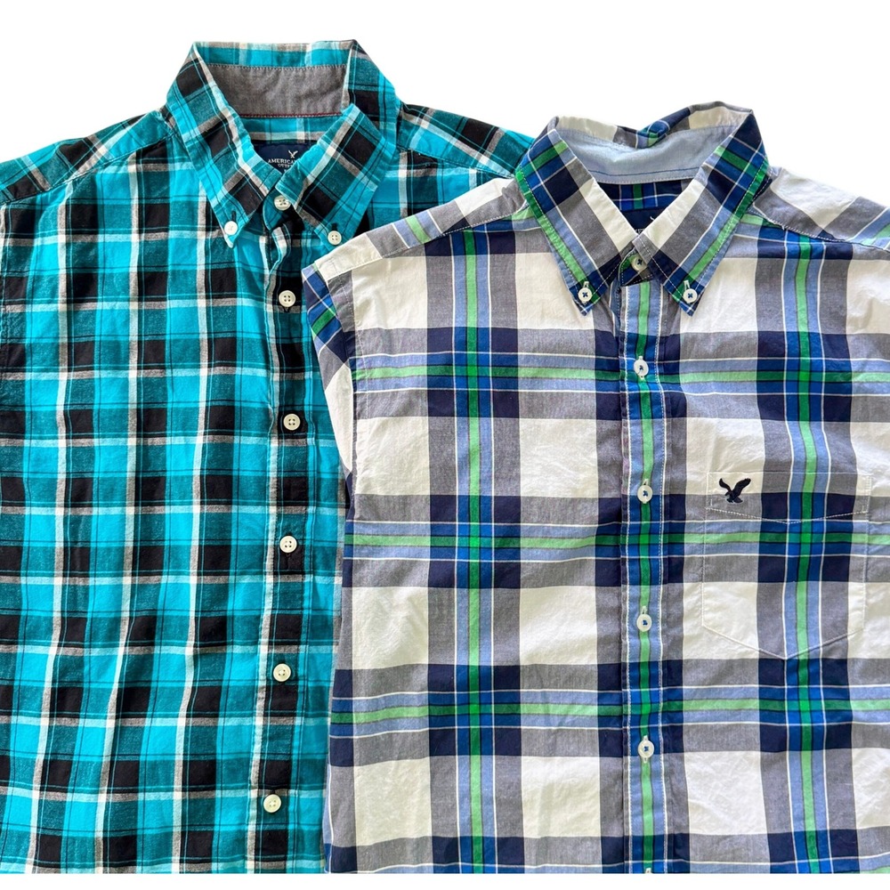 Lot of 2 American Eagle Mens Small Classic Fit Plaid Button Down Cotton Shirts